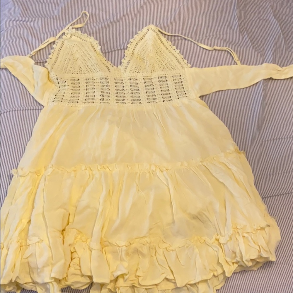 Shein Bow Tie Back Crochet Bodice Frilled Dress L